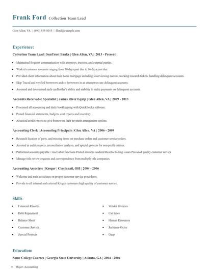 Collection Team Lead Resume
