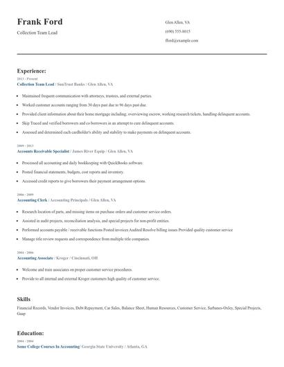Collection Team Lead Resume