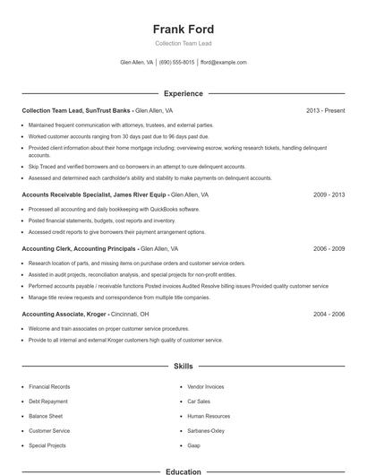 Collection Team Lead Resume