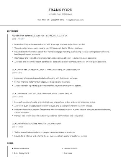 Collection Team Lead Resume