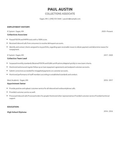 Collections Associate Resume