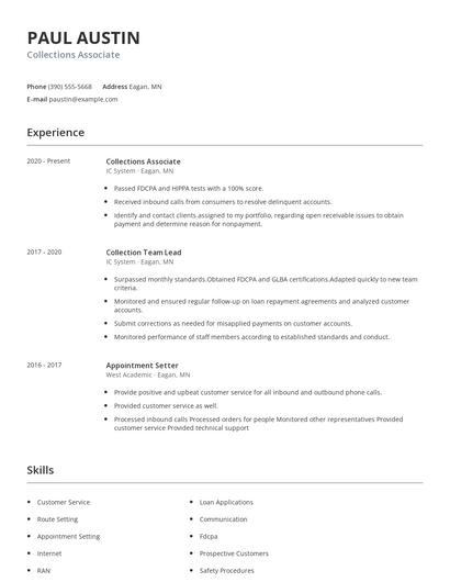 Collections Associate Resume