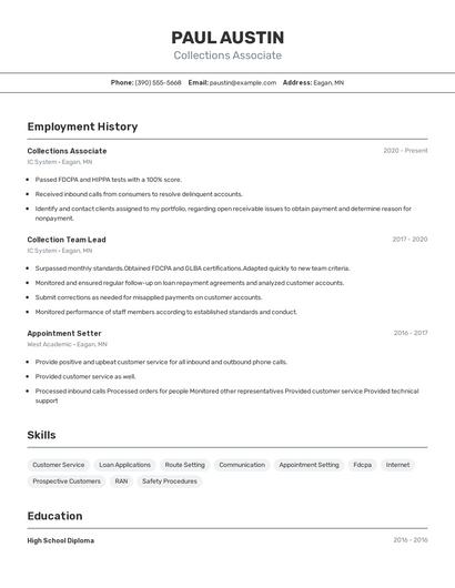 Collections Associate Resume
