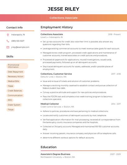 Collections Associate Resume