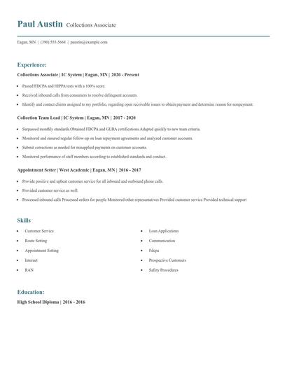 Collections Associate Resume