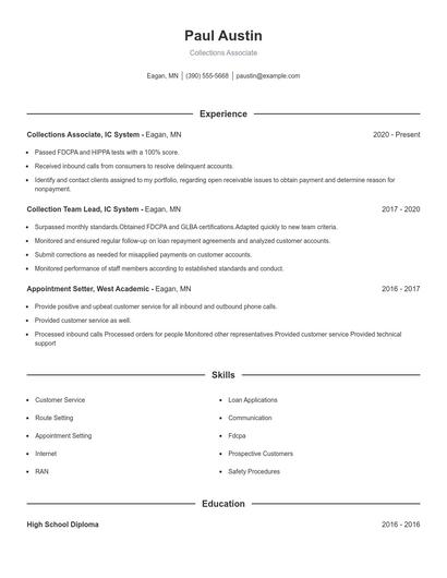 Collections Associate Resume
