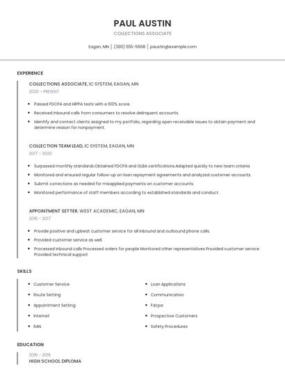 Collections Associate Resume