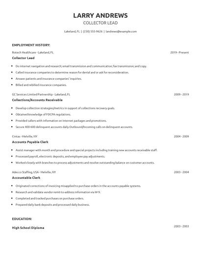 Collector Lead Resume