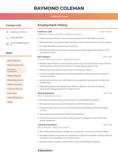 Collector Lead Resume