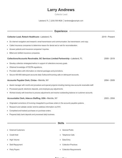 Collector Lead Resume