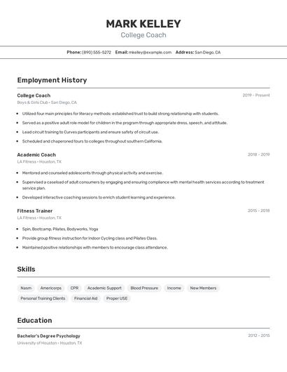 College Coach Resume