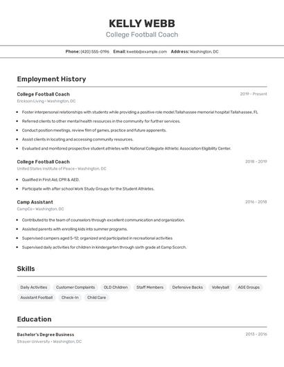 College Football Coach Resume
