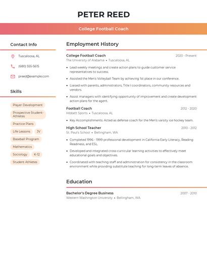 College Football Coach Resume
