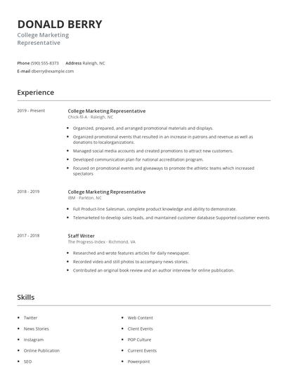 College Marketing Representative Resume