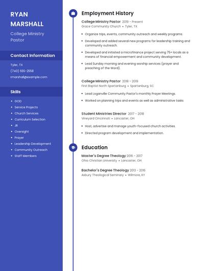 College Ministry Pastor Resume