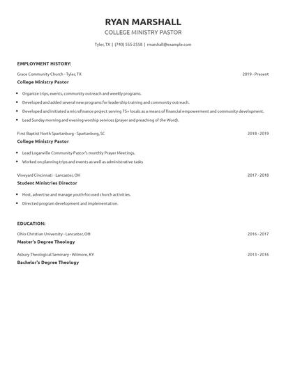 College Ministry Pastor Resume