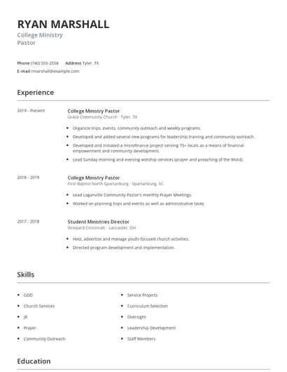 College Ministry Pastor Resume