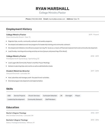 College Ministry Pastor Resume