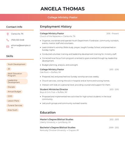 College Ministry Pastor Resume