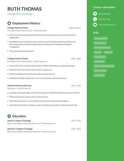 College Ministry Pastor Resume