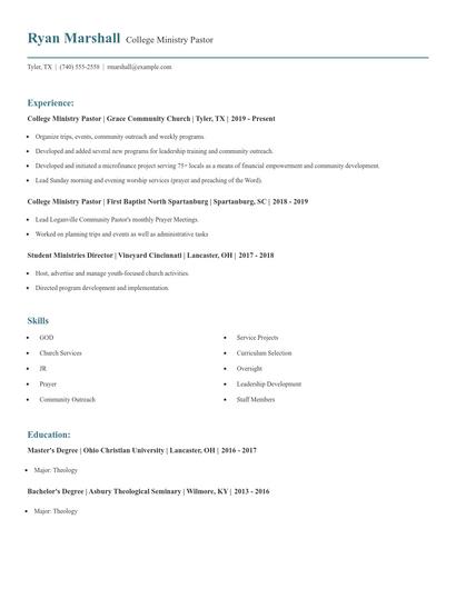 College Ministry Pastor Resume