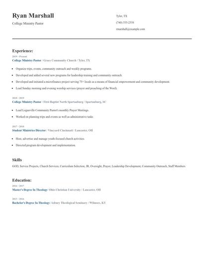College Ministry Pastor Resume