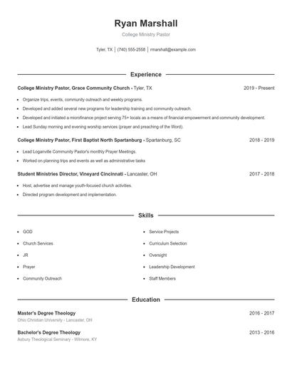 College Ministry Pastor Resume