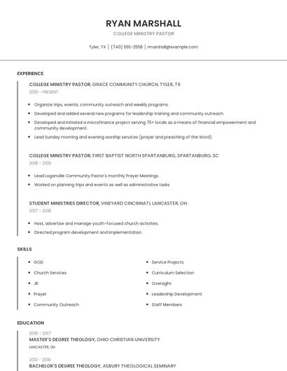College Ministry Pastor Resume