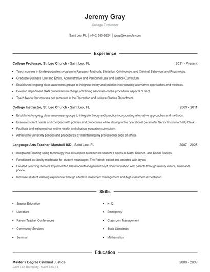 College Professor Resume