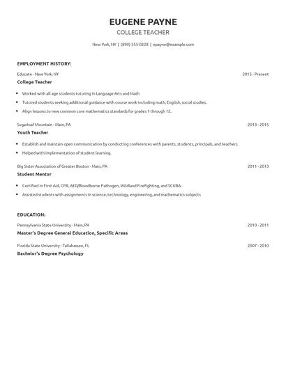 College Teacher Resume