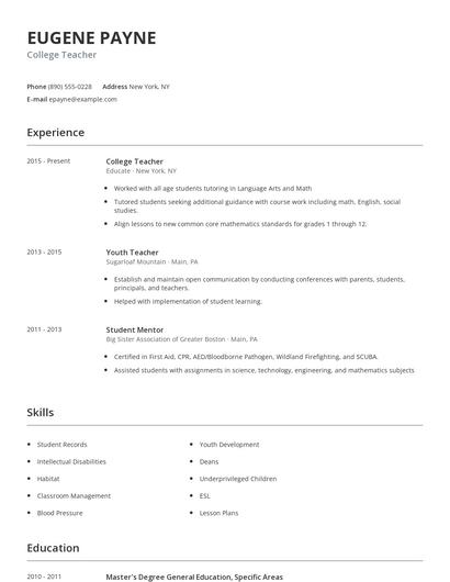 College Teacher Resume