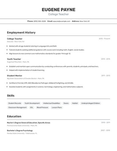 College Teacher Resume