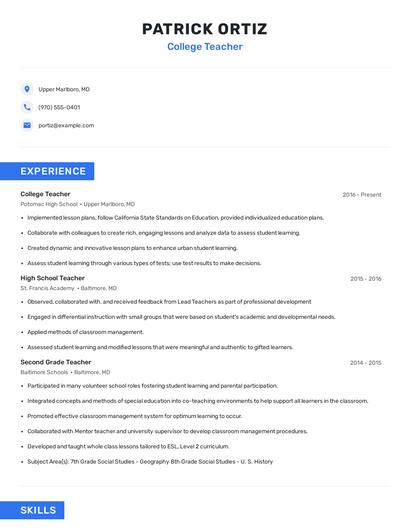 College Teacher Resume