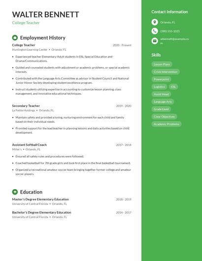 College Teacher Resume