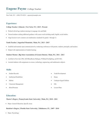 College Teacher Resume