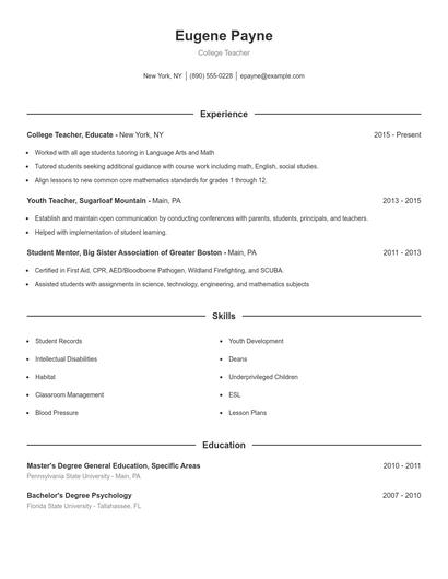 College Teacher Resume