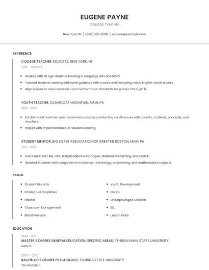 College Teacher Resume