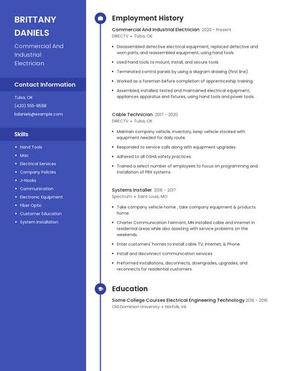 Commercial And Industrial Electrician Resume