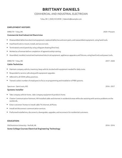 Commercial And Industrial Electrician Resume