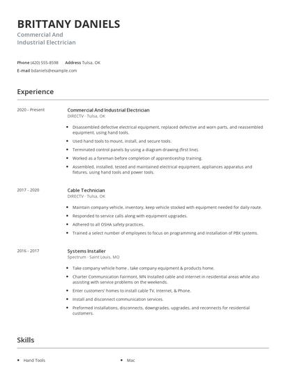 Commercial And Industrial Electrician Resume