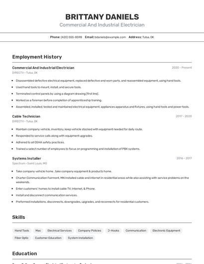 Commercial And Industrial Electrician Resume