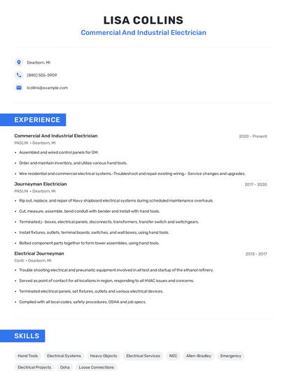 Commercial And Industrial Electrician Resume