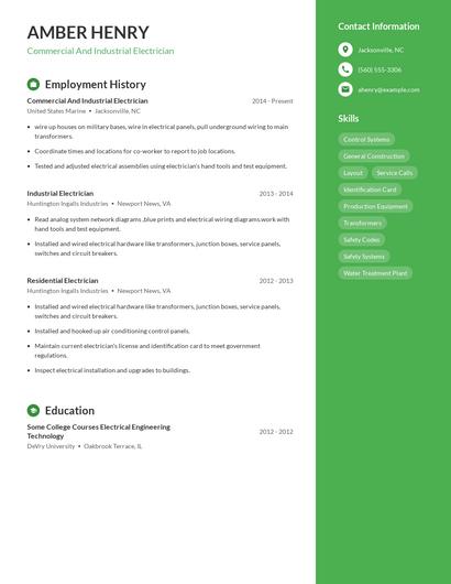 Commercial And Industrial Electrician Resume