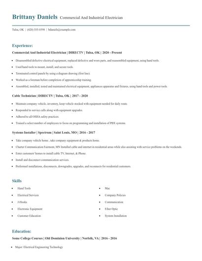 Commercial And Industrial Electrician Resume