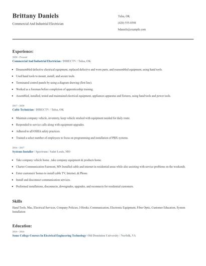 Commercial And Industrial Electrician Resume