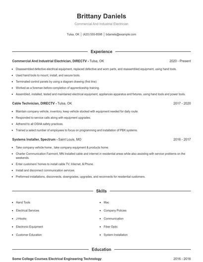 Commercial And Industrial Electrician Resume