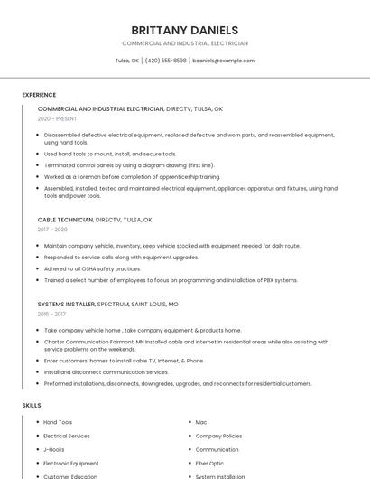 Commercial And Industrial Electrician Resume