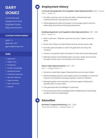 Commercial Equipment And Supplies Sales Representative Resume