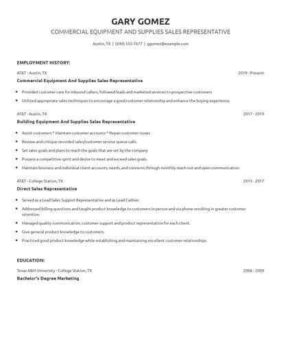 Commercial Equipment And Supplies Sales Representative Resume