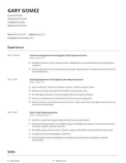 Commercial Equipment And Supplies Sales Representative Resume